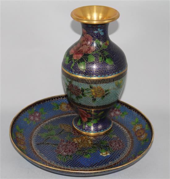 A Chinese plique a jour enamel dish a similar vase